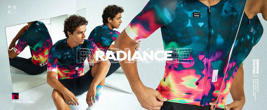 Composición de imagen portada de la nueva colección de verano Radiance. El modelo viste CX Pro opal y posa de pie y sentado, la imagen se refleja en espejos que muestran diferentes vistas de la prenda.
