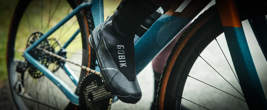 Action image of the new Avert shoe cover by Gobik for off road cycling.