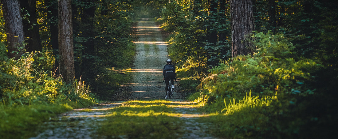 Ciclista atravesando uno de los bellos bosques del Mundial de Gravel UCI de Flandes