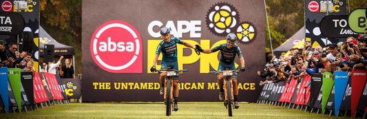 Samuele Porro and Fabian Rabensteiner crossing the finish line of the 2024 Cape Epic